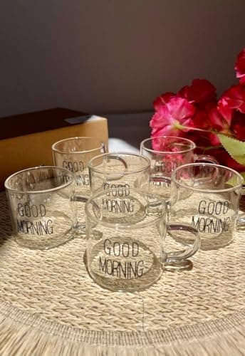 Generic Good Morning Glass Coffee Mugs Set, Clear, Lightweight, Easy to Clean, Set of 6, .Ais