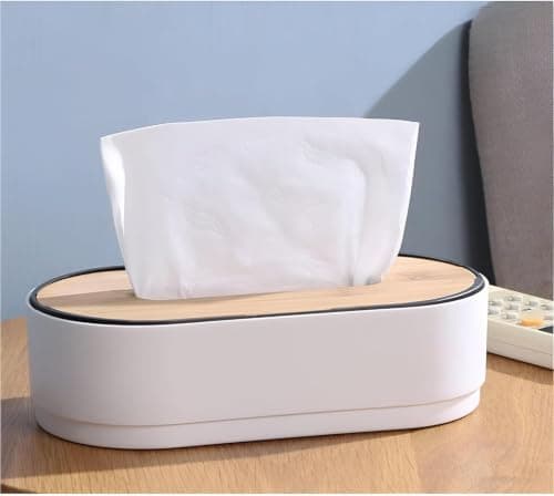 Modern Oval Plastic Tissue Box with Natural Wood Lid Decorative Facial Paper Organizer Holder for Home Office Cafe Bathroom and Living Room Decor