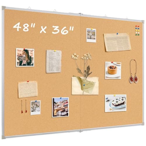 AMUSIGHT Double-Sided Large Cork Board, 48" x 36" Foldable Hanging Aluminum Framed Bulletin Board, Vision Board Pin Board Corkboards for Walls, Office, School Decor, 20 Pushpins Pinboard