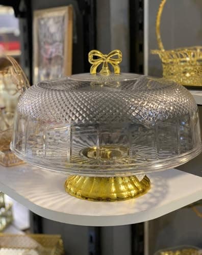 Generic Decorative Cake Stand with Dome Cover, Rotating Acrylic Display, Gold Bow Detail .soh Tray