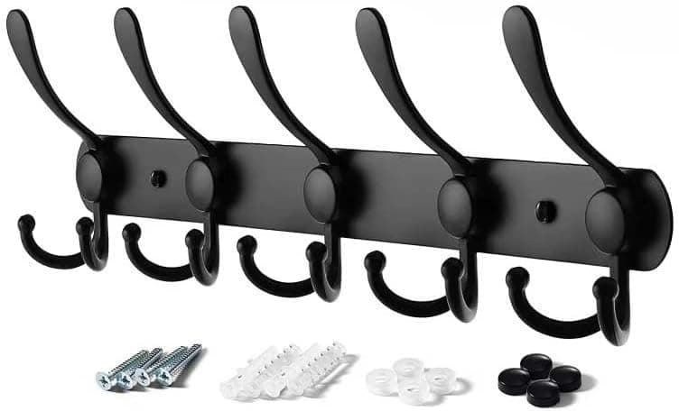 Metal Wall Hanger 5 Double Hooks for Hanging Clothes, Bags, Towels - Multi Use Wall Hanger - with Screws and Fixing Kit - Black/Silver (Black) Storage hook