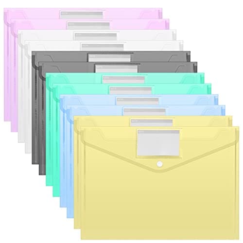 Newoutset 12 Pcs Plastic Wallets A4, Clear Colours Folders for Paperwork, Plastic Folders for Documents, Plastic Document Folders Pocket Wallets with Popper Buttons and Labels for Office School Travel File folder