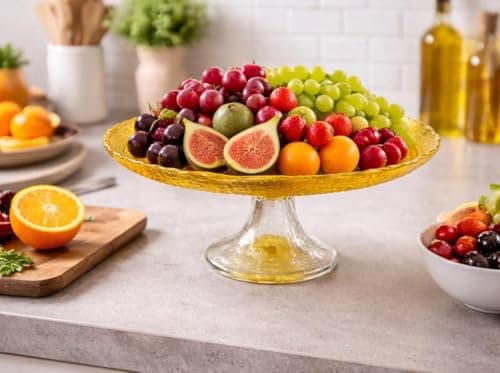 Generic Elegant Cake Stand, Gold Colour, Clear Glass Base, for Serving Cakes and Desserts, .rom Tray