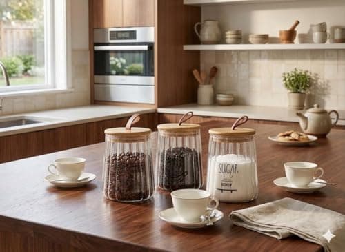 Generic Glass Canister Set of 3 with Bamboo Lids and Leather Handles, Ribbed, 500ml, for Sugar, Coffee, and Tea, .sg Food storage container
