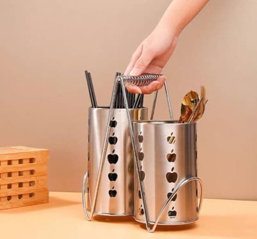 Generic Stainless Steel Cutlery Organizer with Heart Cutouts, 2 Container Set, Rust-Resistant Kitchen Utensil Holder .rom Item container