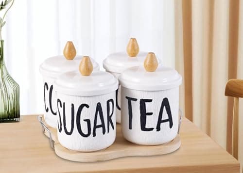 Generic Kitchen Canister Set, Cookie, Tea, Coffee and Sugar Jars with Wooden Stand, White, 550 ml, 4 Pieces, .M Food storage container