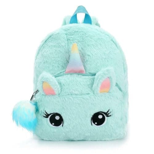 Kids Plush Backpack, Cartoon Multicolor Soft Fur with Golden Horn and Glitter Eyes, for Eid and School