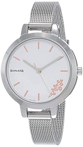 Sonata Watch for Women, Quartz Movement, Analog Display, Silver Stainless Steel Band Strap-NR8141SM08
