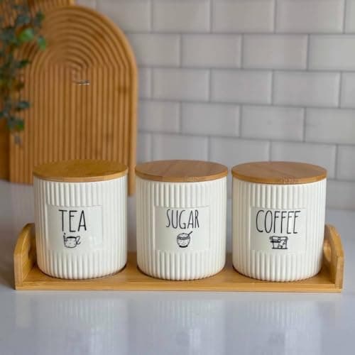Generic Tea, Sugar and Coffee Canister Set, White, Ribbed, 650ml, with Lids and Serving Tray, .ht