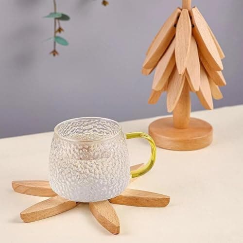3 Pcs Bamboo Wood Coaster Set with Tree Holder 9.5cm Cup Mug Pot Mat