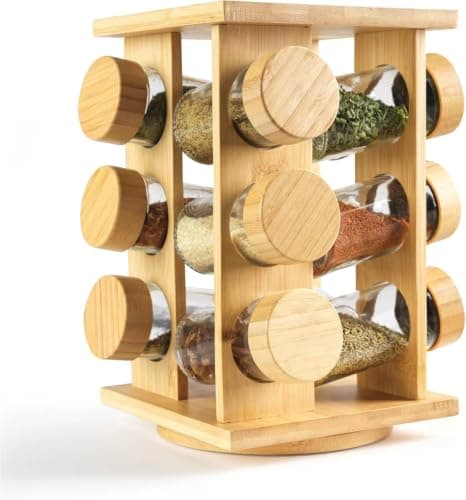 Rotating Bamboo Spice Rack with 12 Glass Jars | 360° Swivel Base, Countertop Organiser, Bamboo Lids, Kitchen Storage, 16 Jars Included