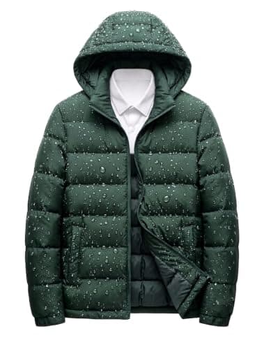 Waterproof Men's Hooded Puffer Jacket, Water-Resistant, Dark Green | Quilted Insulation, Zip Closure, Winter Outerwear, Waterproof Shell, Detachable Hood Coat