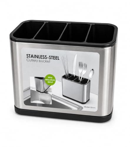 Stainless Steel Cutlery Holder with 4 Compartments - Utensil Drainer with Easy-Drain Spout, Black Plastic Top and Base Used for Kitchen Counter & Sink, 18 × 8.6 × 13 cm (Silver/Black)