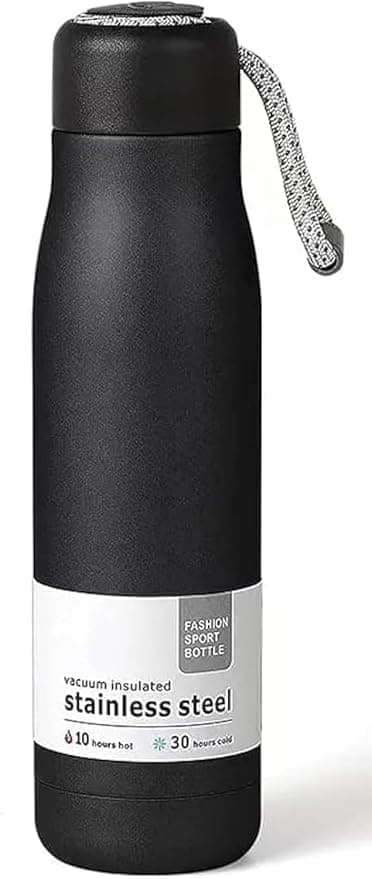 Vacuum Insulated Water Bottle & Flask with Portable Strap Lid - 500ml, Double Walled 304 Stainless Steel for Home, School, Office, University, Gym, and More, (Multicolor). (Black)
