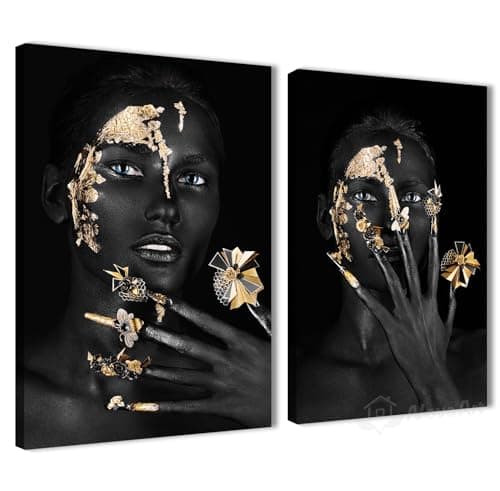 NOVA ART Black Girl Canvas Wall Art Print with Luxury Gold Jewelry for Bedroom Living Room Office Wall Decor Modern Home Decor 30cm x 40cm x 2pcs