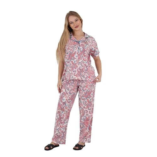 ZECOTEX Women's Cotton Pajama Set | Printed Sleepwear, Short Sleeve | Elegant Homewear | Comfortable Relaxed Fit | Sizes M to 3XL