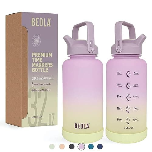 BEOLA 1L Motivational Water Bottle with Time Markers, Tritan Plastic, BPA FREE Leak Proof and Drop Resistant bella, 32oz (Morning Rose)