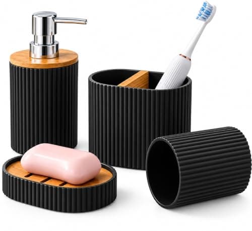 4 Piece Reinforced Plastic and Wood Bathroom Organizer and Prep Daily Essentials and Practical Bathroom Accessories Set - AM, Black
