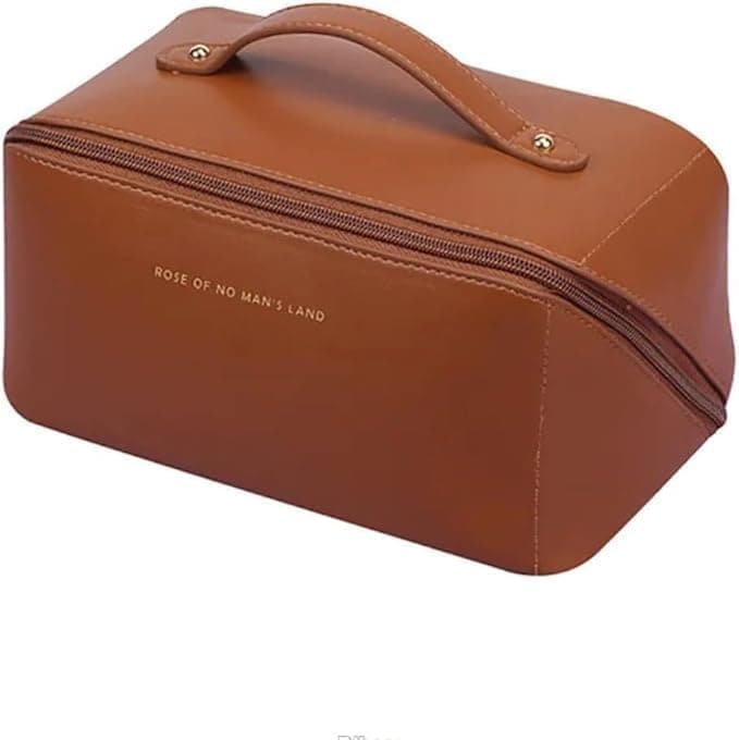 Jalsa Large Capacity Travel Cosmetic Bag – PU Leather Waterproof Makeup Organizer (Brown) Portable Toiletry Storage Bag for Makeup Skincare Toiletries & Travel Essentials Cosmetic case