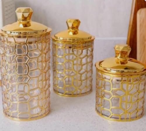 Generic Gold Decorative Canister Jar Set, Geometric Patterned, with Tight-Fitting Lids, for Tea, Coffee, Sugar, Candy, Set of 3, .db Food storage container