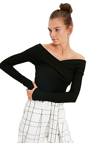 Trendyol Woman Black Slim Carmen Collar Ribbed Stretchy Knitted Bodysuit with Snap Fasteners TWOAW21BD0053 body (pack of 1)
