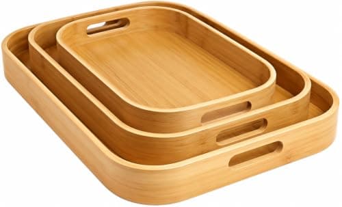 3 Piece Oval Bamboo Wooden Serving Tray Set with Handles - Wooden Trays for Hospitality and Home Thickness 4mm N