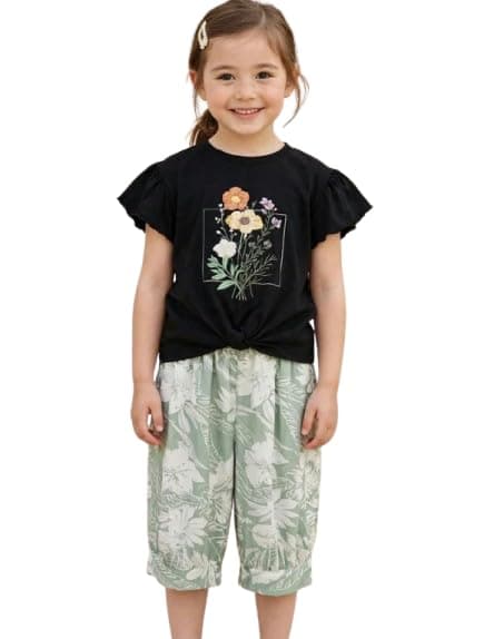 Billion Girls Casual Floral Print T-Shirt And Capri Pants Set, Cute Ruffle Sleeve Outfit With Front Knot, SG26-254 Coordinated outfit