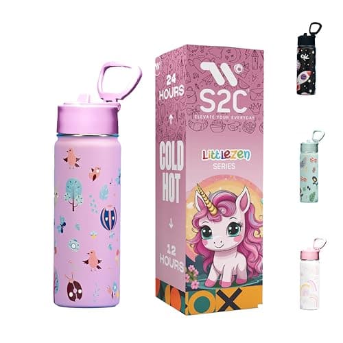 S2C Kids Water Bottle with Straw Lid - 550 ml Stainless Steel, Double Wall Insulated, BPA Free, Leakproof Bottle for School and Toddlers (PURPLE)