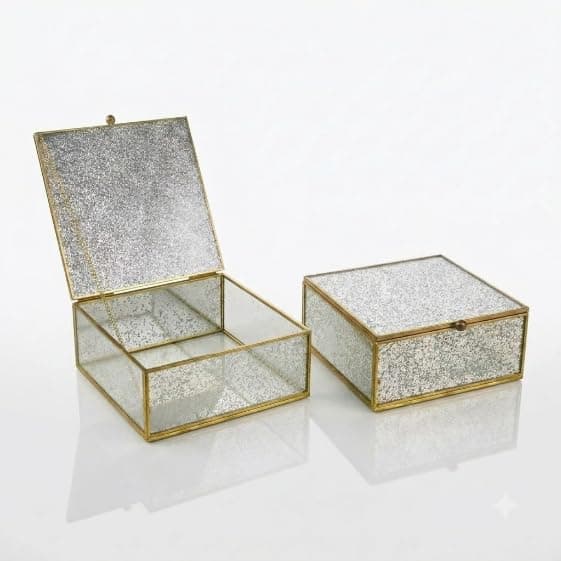 Decorative Square Glass Box with Hinged Lid and Elegant Gold Frame, Luxury Mirror Design 15x15cm for Accessories, Jewelry, Small Items, Home Decoration. Storage box