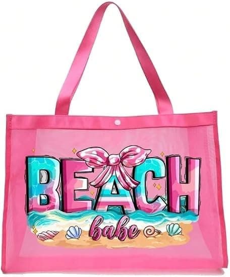 Large Capacity Mesh Bag Set, Beach Pattern Printed Mesh Bag, Mesh Beach Tote Bag, Mesh Cosmetic Storage Bag, Foldable Large Capacity Waterproof Beach Bag, Letter Decor Mesh Beach Bag, Summer