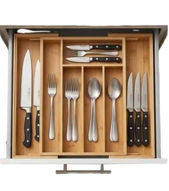 Wooden 7 Compartment Expandable Drawer Organizer – Organizer for Spoons, Forks, Knives and Kitchen Utensil | Organize and Utensil Drawer Space