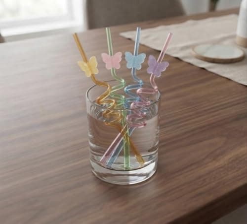 4-Piece Acrylic Drinking Straw Set with Silicone Butterfly Toppers
