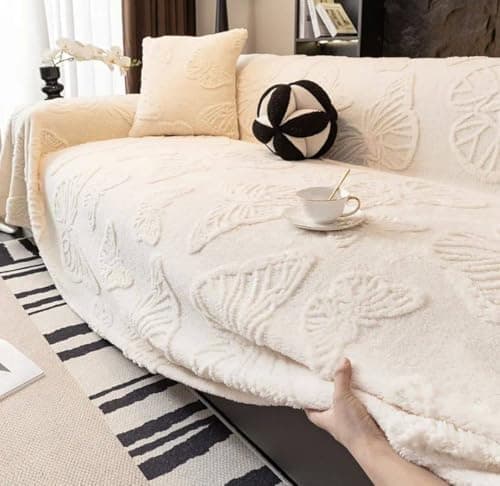 Generic Jacquard Faux Fur Corner Sofa Cover, 2-Piece Set, Cream White, Textured Pattern, Large 2.9m x 2m, Includes Backrest Seat and Fixing Roll .br (off white) Furniture cover