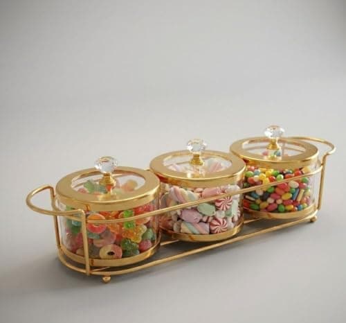 Generic 3-in-1 Glass Candy and Snack Jar Set with Gold Metal Frame, Crystal Handle Lids, for Nuts, Coffee, Sugar, .db