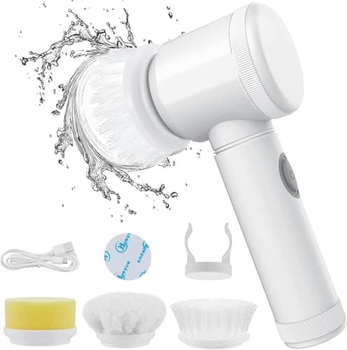 Electric Cleaning Brush for Kitchen and Home, 5 in 1, White, with 3 Interchangeable Heads, for Kitchen, Bathroom, Dishes, Surfaces, Waterproof