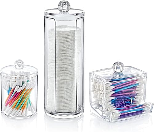 3 Piece Clear Acrylic Makeup Organizer Set with Lid – Cotton Pads, Cleaning Sticks and Cosmetics, Perfect for Organizing Bathroom and Vanity in Stylish and Practical Style Item container