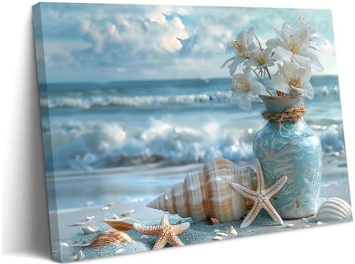 Blue Ocean Beach Conch Canvas Wall Art Starfish with White Flower in Vintage Vase Ocean Coast Picture Poster Prints Painting Artwork Wall Decor for Bathroom Living Room Bedroom Office 16''L x 12''W