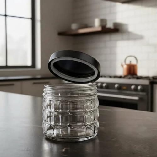 Generic Glass Candy Jar with Black Lid, 700 ml, Clear Glass Body,.db