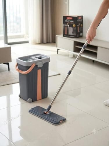 Flat Mop Set with Wheel Self Squeezing Bucket | Stainless Steel Handle, 2 Microfiber Mops, Touchless Wash and Drying, Extendable Handle, For All Floor Types