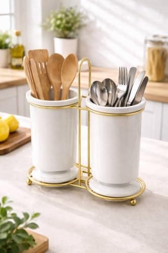 Generic A stylish, modern double-compartment ceramic cutlery holder that makes it easy to organize spoons, forks, and wooden utensils in one place,Made from heavy, stable material; easy to clean, .sa Caddy