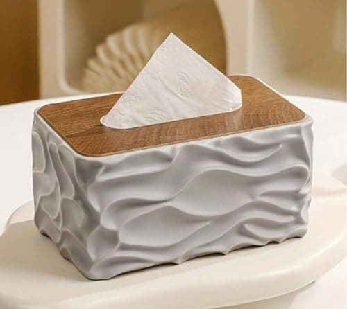 Generic Tissue Box Cover Plastic, with Wooden Lid, Large, Grey, .ar