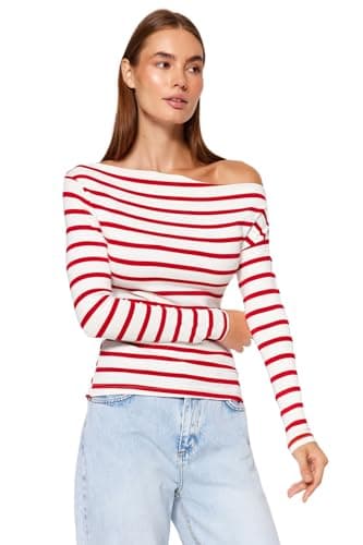 Trendyol Womens Red Striped Premium Soft Fabric Fitted Boat Neck Knitted Blouse TWOAW24BZ00227 Blouse (pack of 1) Sweater