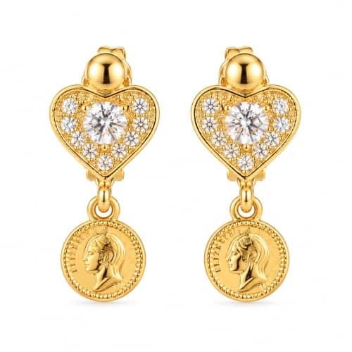 Gold Heart Earring with Coin Pendant and Zircon Stones | Rustproof, non-discoloration, classic coin design, shiny zircon stones, for women