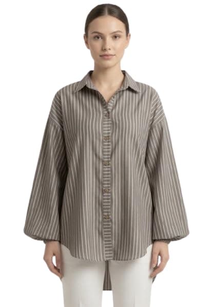 Striped Balloon Shirt, Taupe Stripe | Lightweight breathable woven fabric