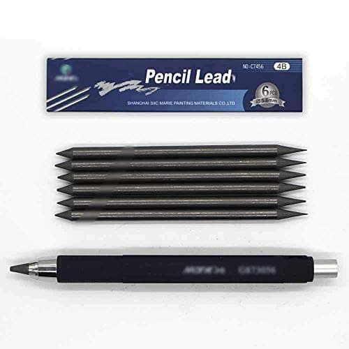 Qzep Mechanical Pencil with Clutch Mechanism for 2B, 4B, 6B, 8B Leads + 6 Lead Refills (4B/5.6mm) - Black, Hexagonal, Comfortable Grip, Retractable, Refillable, Sketching Writing instrument