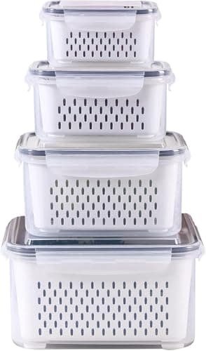 Food Storage Container Set with Inner Strainer, 4 Pcs Airtight Storage Containers for Vegetables and Fruits, Fridge Organizer, Leakproof, Multi Sizes, Food Plastic
