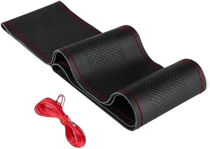 Car Steering Wheel Cover, Breathable Non-Slip Soft and Comfortable Car Steering Wheel Cover with Universal Steering Wheel Stitching (Black Red Thread)