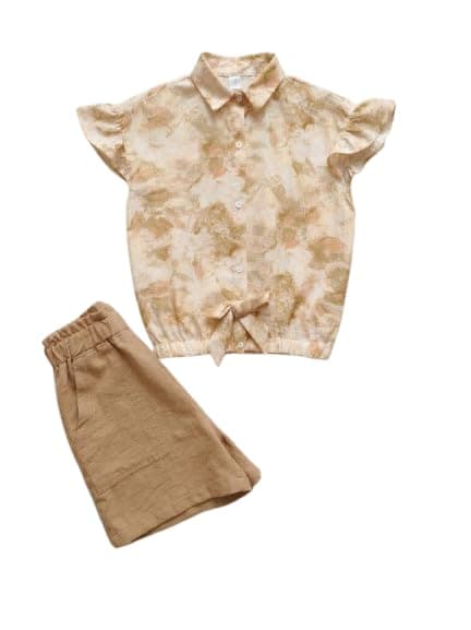 Toddler Girls 2-Piece Floral Shirt and Shorts Set, Beige-SG26-237 SG26-237 | Flutter Sleeves, Tie-Front Top, Elastic Waist Shorts, Button-Up Blouse, Girls Outfit Set Coordinated outfit