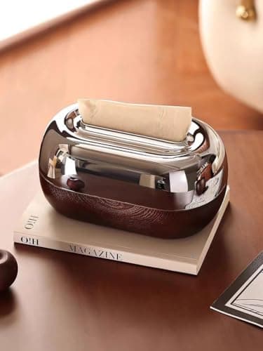 Generic Decorative Tissue Box, Brown, Acrylic, Wood Grain Texture, Wide Opening, Built-in Spring, Oval Shape, .kl
