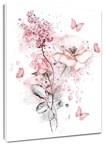 LB Pink Flower Wall Art Pink Butterfly Grey Leaf Canvas Wall Art for Bedroom Fantasy Floral Painting Wood Framed Prints Wall Decor for Living Room Bathroom,16x20 inches